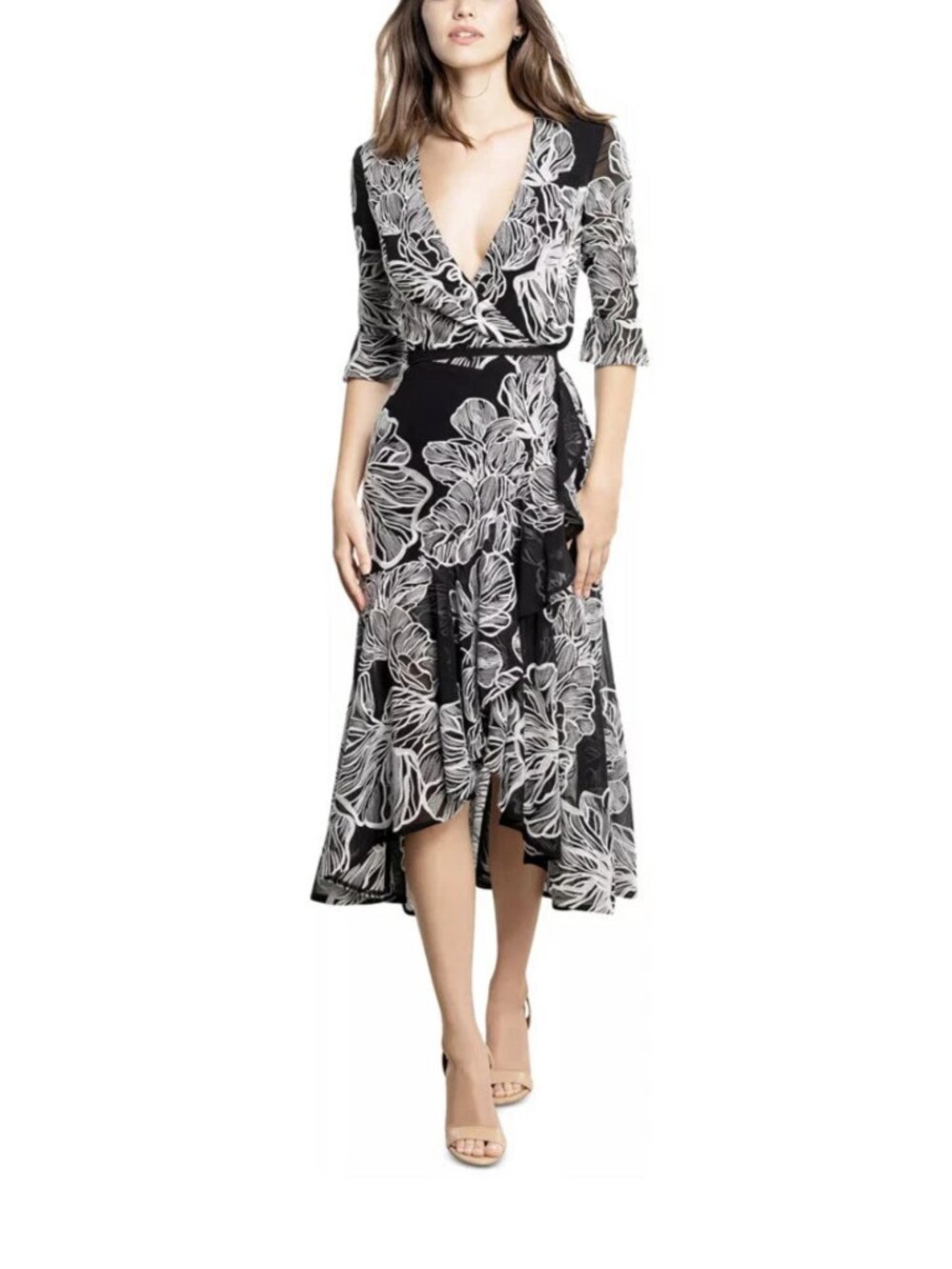 Dress The Population Ophelia Fit Flare Midi Dress V Neck Tie Waist L NWT - Picture 10 of 10